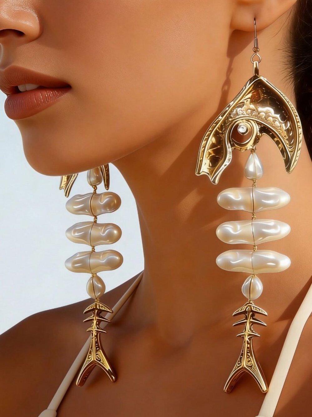 Golden Elegant Women's  Fishbone Shaped faux Pearl Long Dangle Earrings